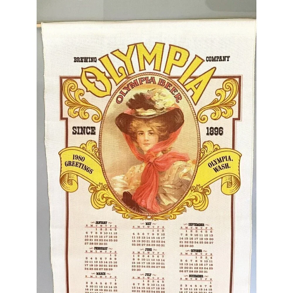Vintage Olympia Beer Calendar 1980 Banner 1909 Olympia Calendar Girl 26.5x15.5”